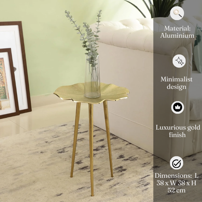 Designer Canopy Leaf Side Table | Gold Modern Accent Table for Living Room & Bedroom Decor