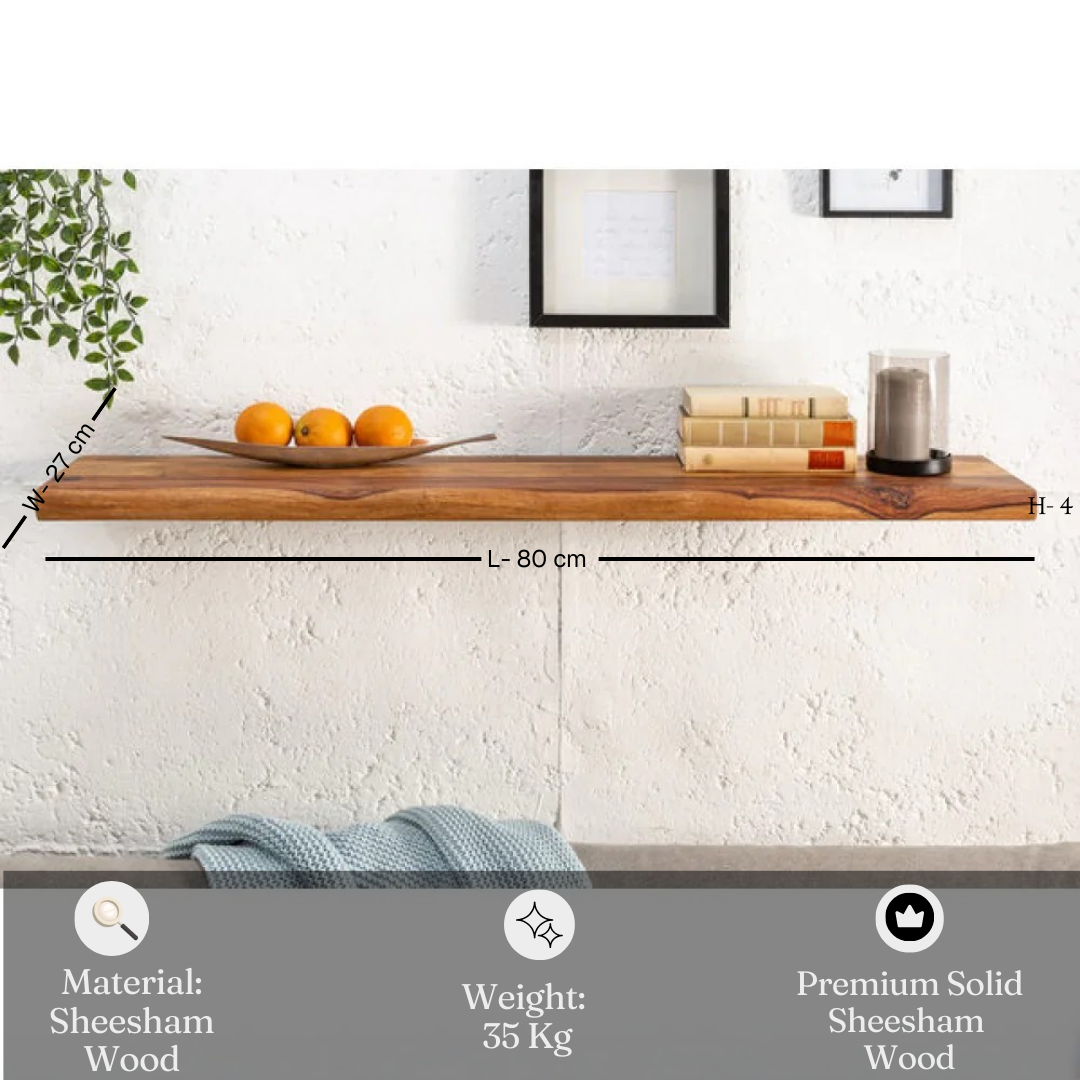 Sheesham Wood Floating Wall Shelf | Rustic Solid Wood Bookshelf | Wall Hanging Display Shelf for Home Decor