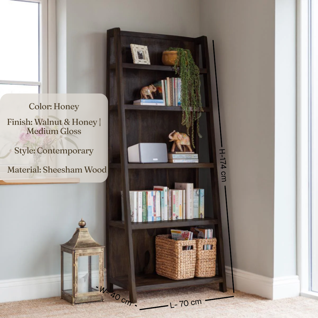 Solid Sheesham Wood Ladder Bookshelf | Rustic Vertical Book Rack | Large 5-Tier Wooden Storage Shelf for Living Room & Study