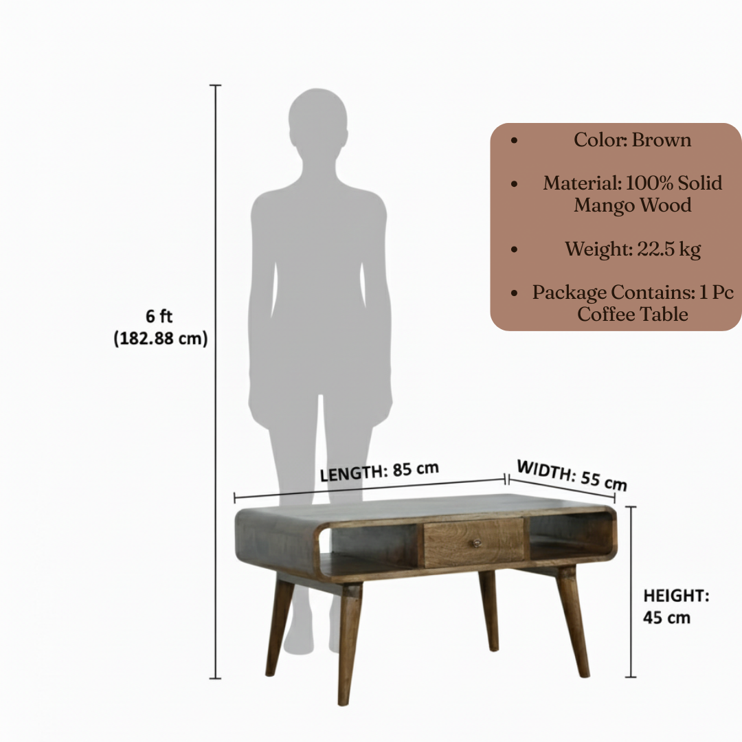 Modern Solid Mango Wood Coffee Table with Drawers & Open Shelves | Nordic Style Center Table