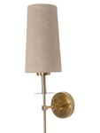 Savoy Long Arm Antique Gold Wall Sconce with Beige Fabric Shade.