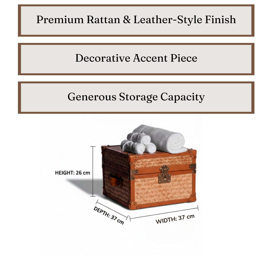 Luxury Leather & Rattan Storage Trunk Box | Premium Towel & Linen Organizer | Unique Storage Box
