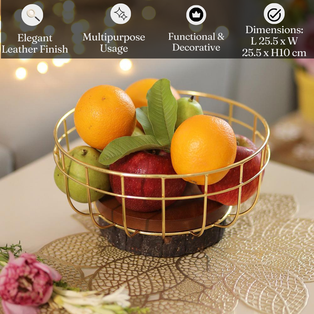Fruitful Wood Basket | Wood & Metal Decorative Kitchen Fruit Basket for Kitchen Storage