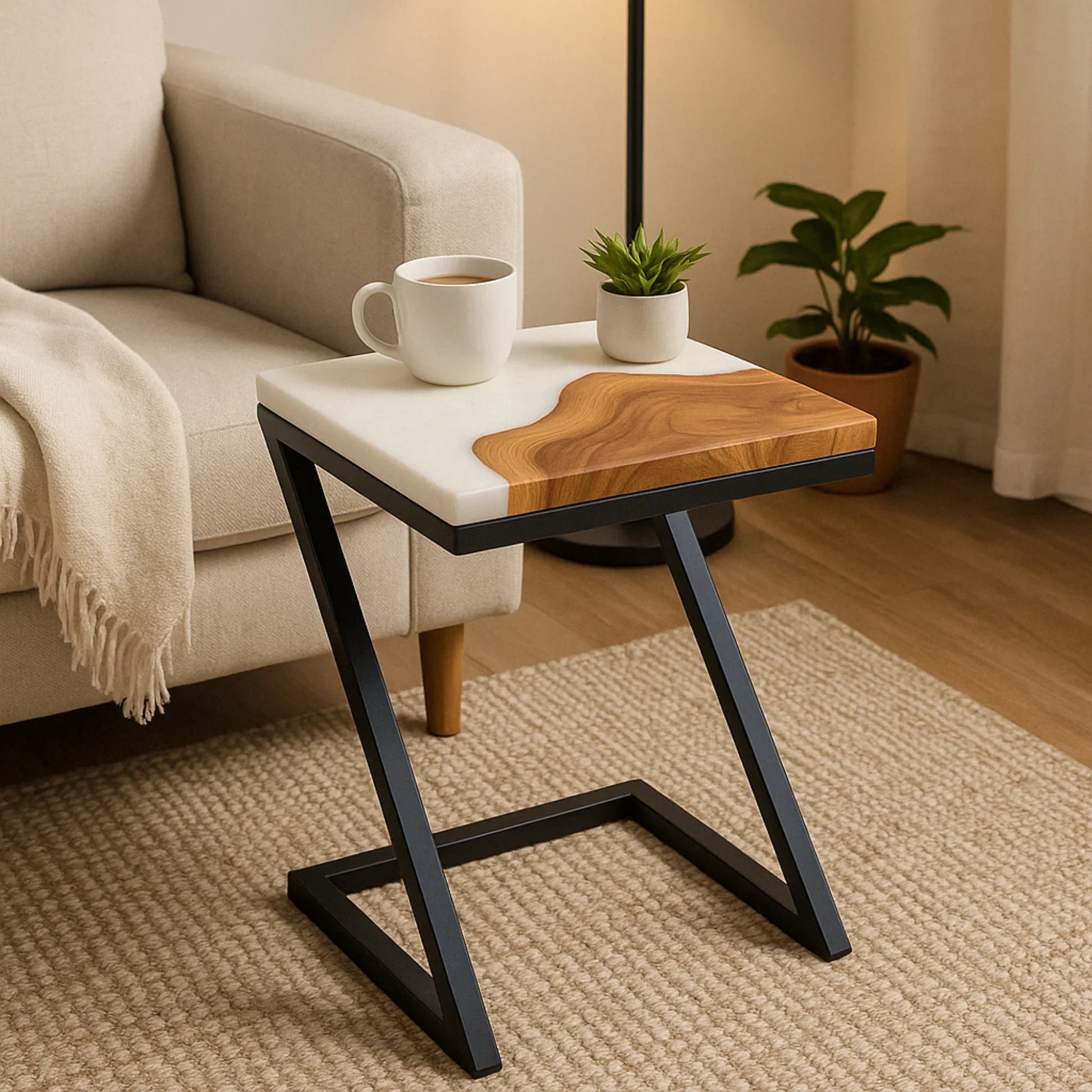 Teak Wood Epoxy End Table – White Resin Finish