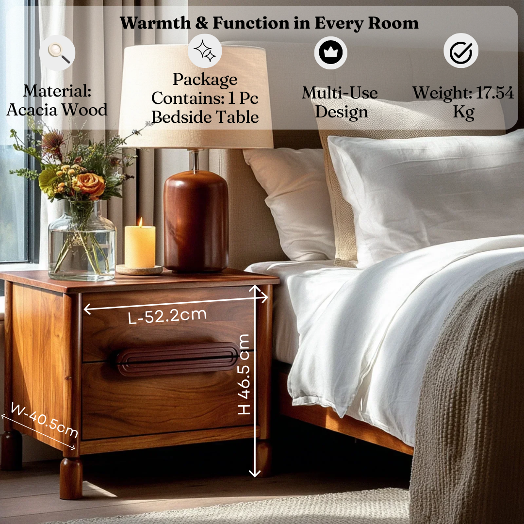 Varnika Bedside Table | Teak Finish Acacia Wood Nightstand | Small Side Table