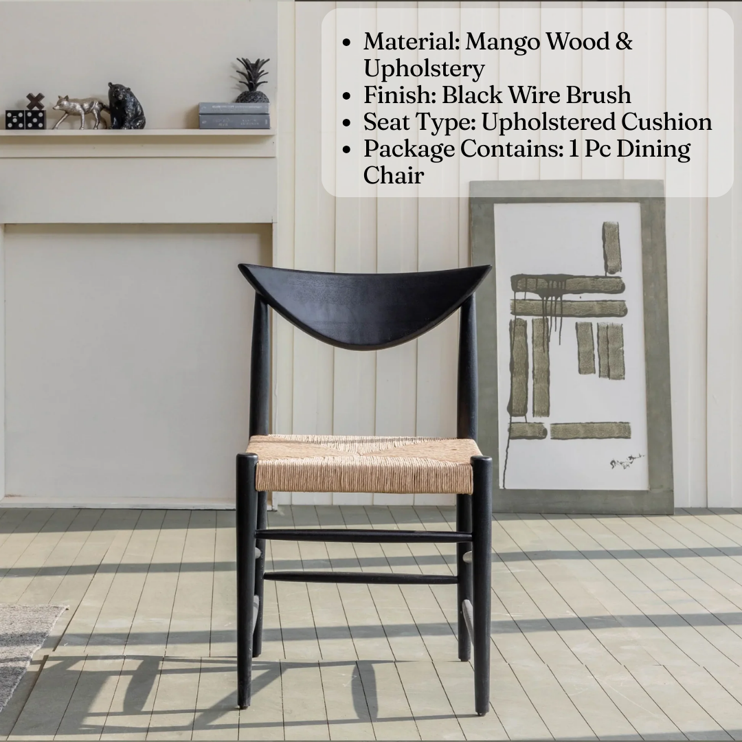 Saanra Designer Dining Chair | Mango Wood Chair with Upholstered Seat with Black Wire Brush Finish
