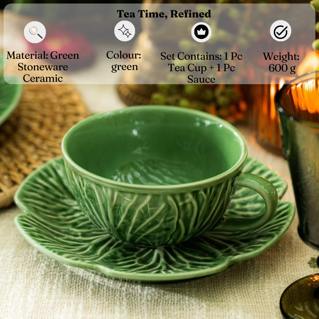Parna Tea Cup & Saucer Set | Premium Green Stoneware Ceramic Tableware for Elegant Tea Rituals