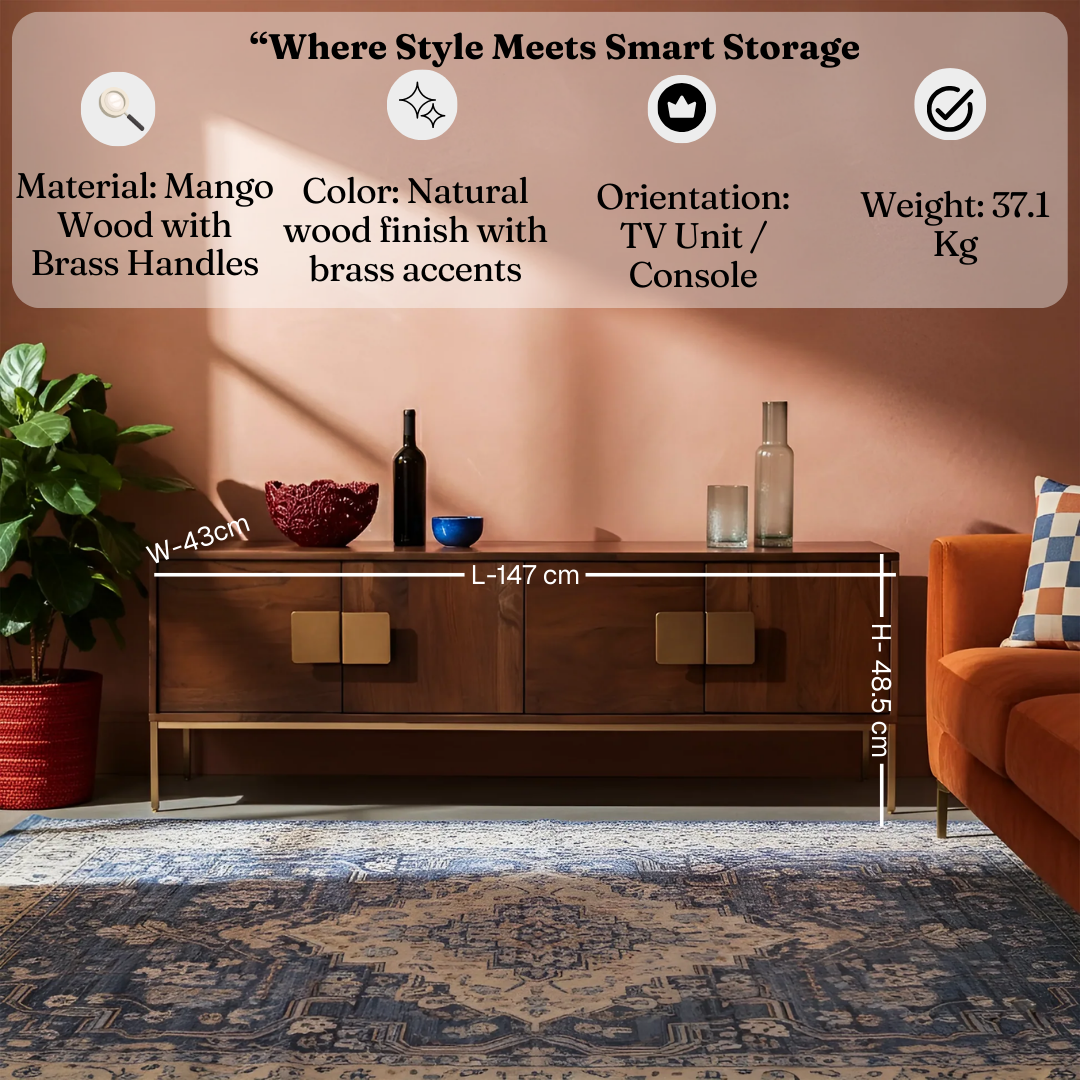 Designer TV Unit for Living Room | Mango Wood TV Console with Brass Handles | TV Cabinet with Storage
