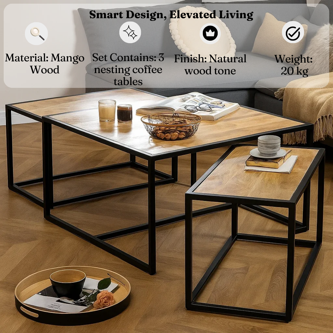 Serivali Set Of 3 Wooden Nesting Coffee Table | Mango Wood Nest of Tables
