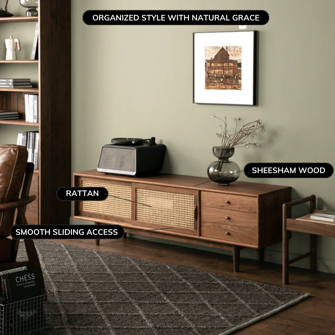 Sleek Rattan Door Sliding TV Cabinet | Sheesham Wood TV Unit for Living Room