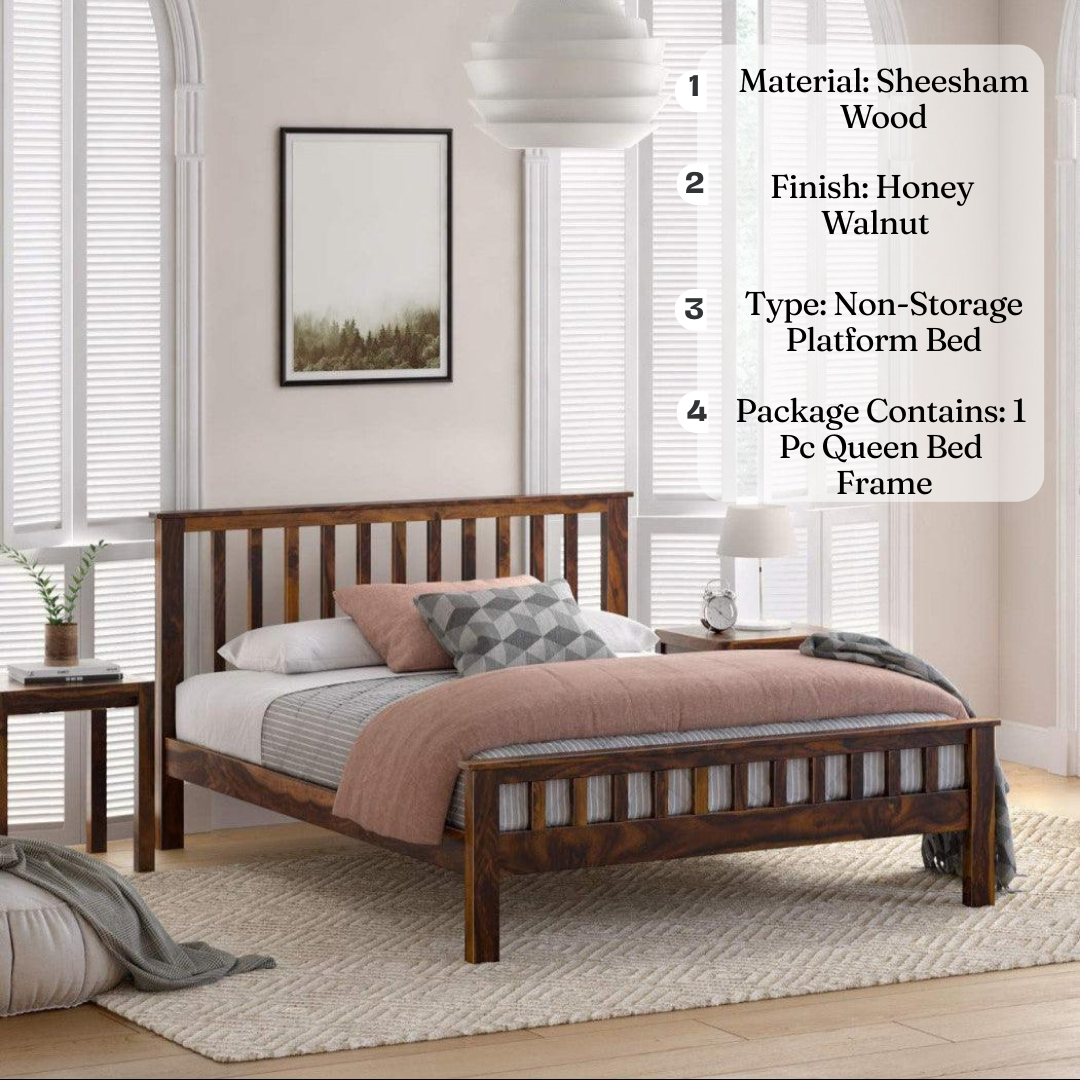 Sheesham Wood Queen Size Strip Design Bed | Honey & Walnut Finish Modern Non-Storage Bed