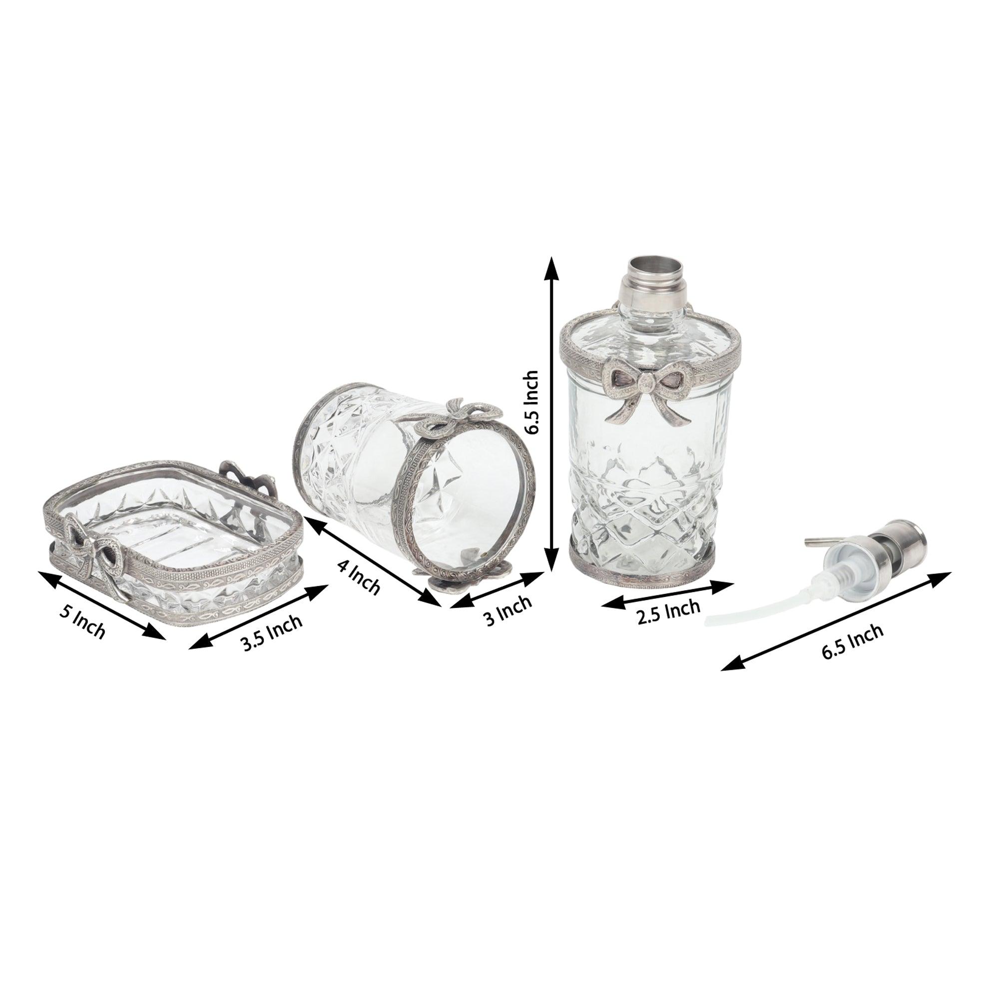 Antique Bow-Tied Glass Bathroom Silver Set