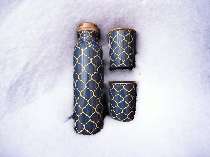 Copper Water Bottle Gift Set with Cleaning Brush & Flask