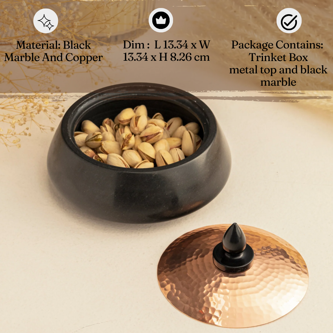 Black Marble Trinket Box with Copper Lid | Handcrafted Bhainslana Marble Storage Bowl