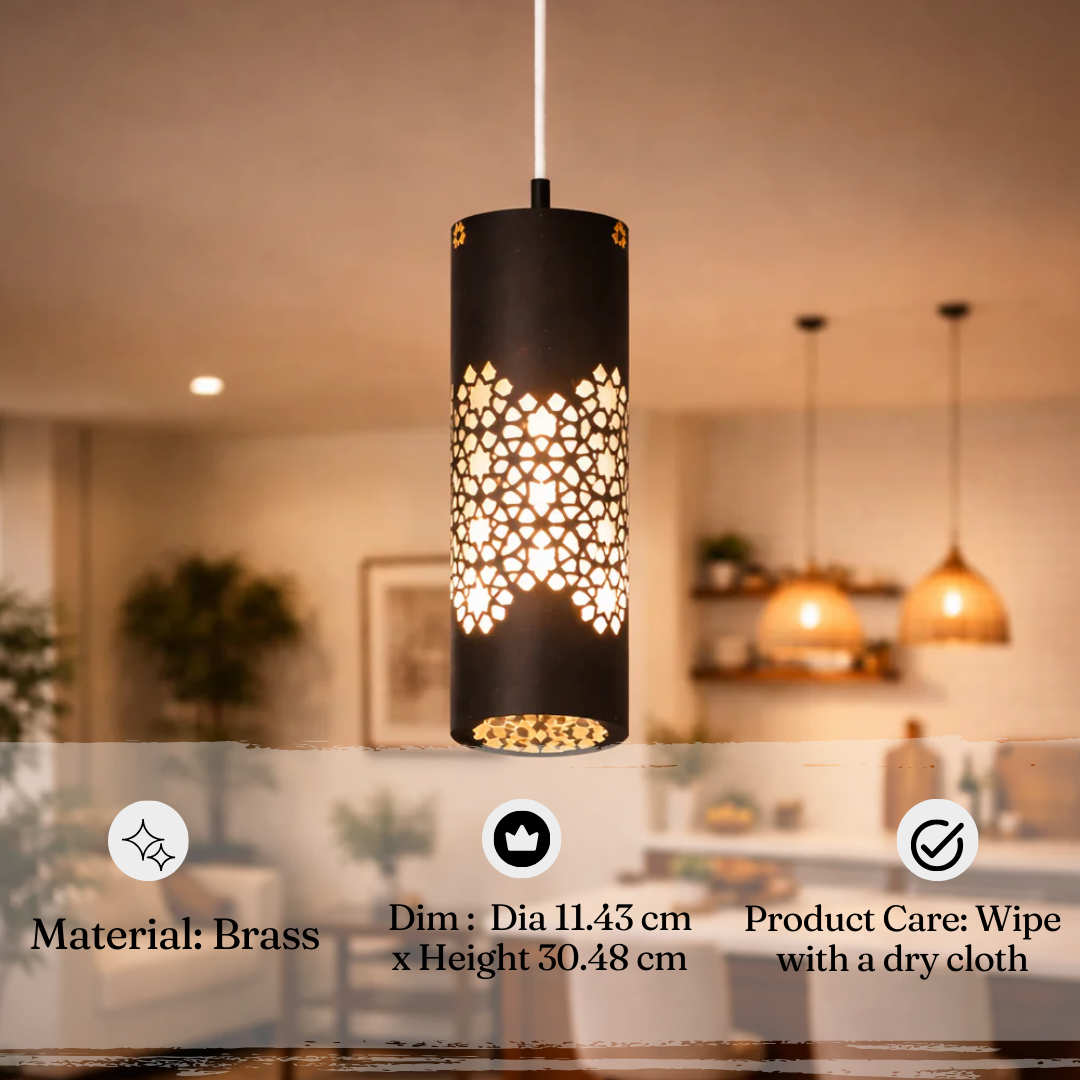 Mughal Jaal Etched Brass Pendant Lamp | Handcrafted Geometric Hanging Light Lamp For Living Room