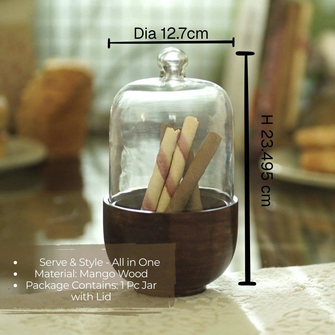 Corjuem Wooden & Glass Lid Cloche | Serving Stand For Chocolates & Table Decor