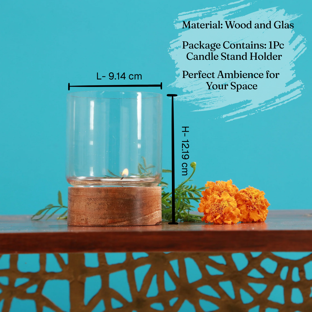 Glass And Wooden Decorative Candle Holder Stand For Home Decor