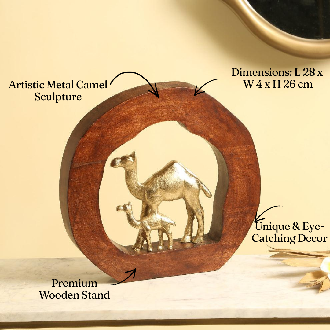 Camels Metal Sculpture On Wooden Stand | Showpiece for Living Room | Home Decor Item