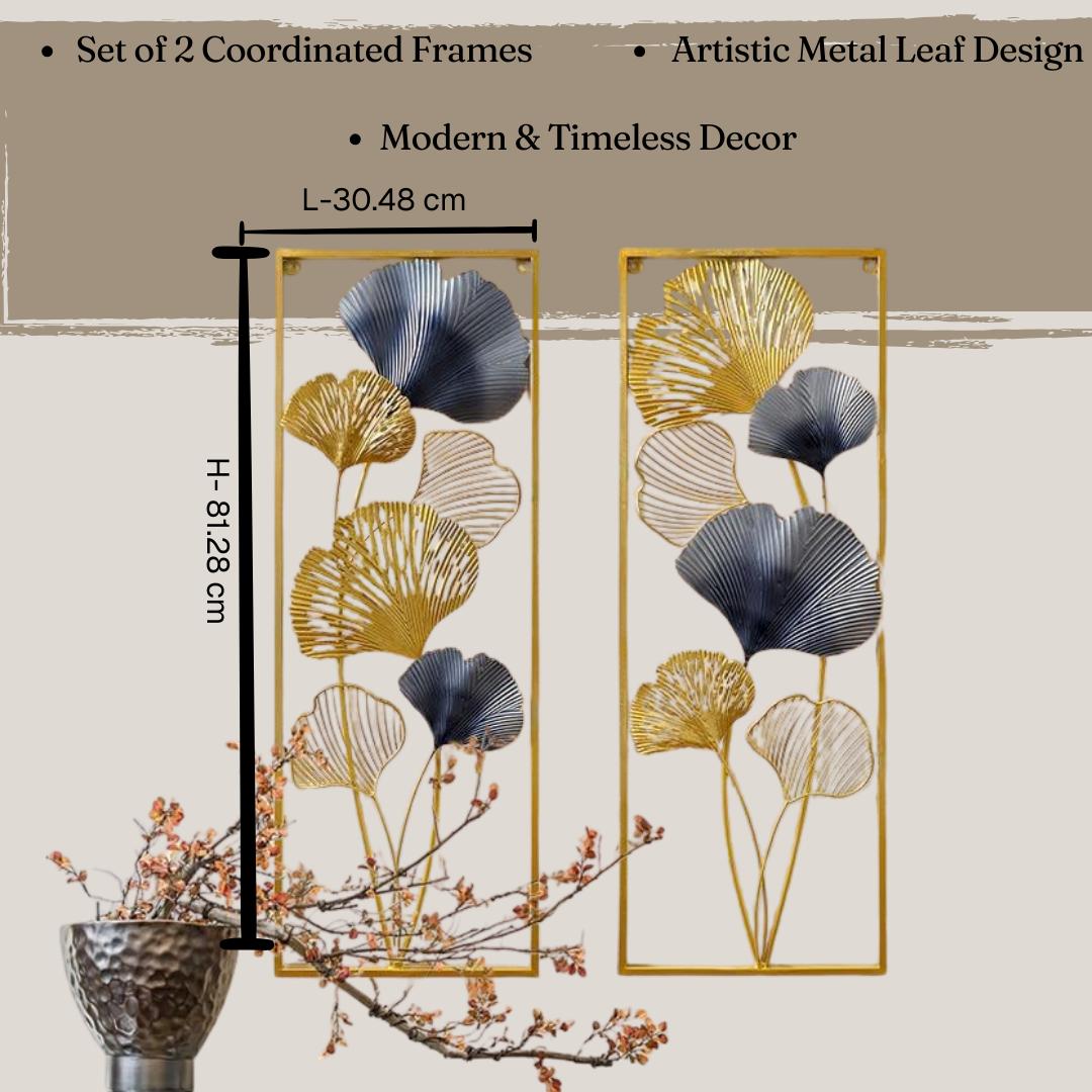 Rectangular Metal Leaf Wall Art Hanging For Living Room Bedroom Office | Set of 2 Frames