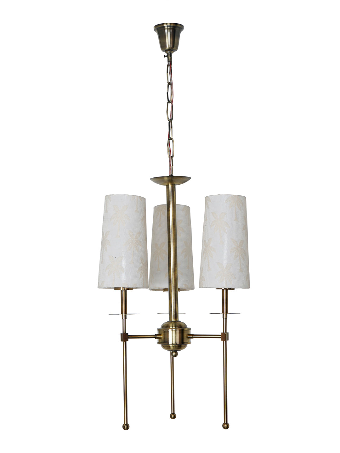 16-Inch Antique Brass 3-Light Compact Chandelier | Tropical Palm Fabric Shades