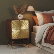 Mango Wood Nightstand with Brass Embossing | Wooden Bedside Table with Storage