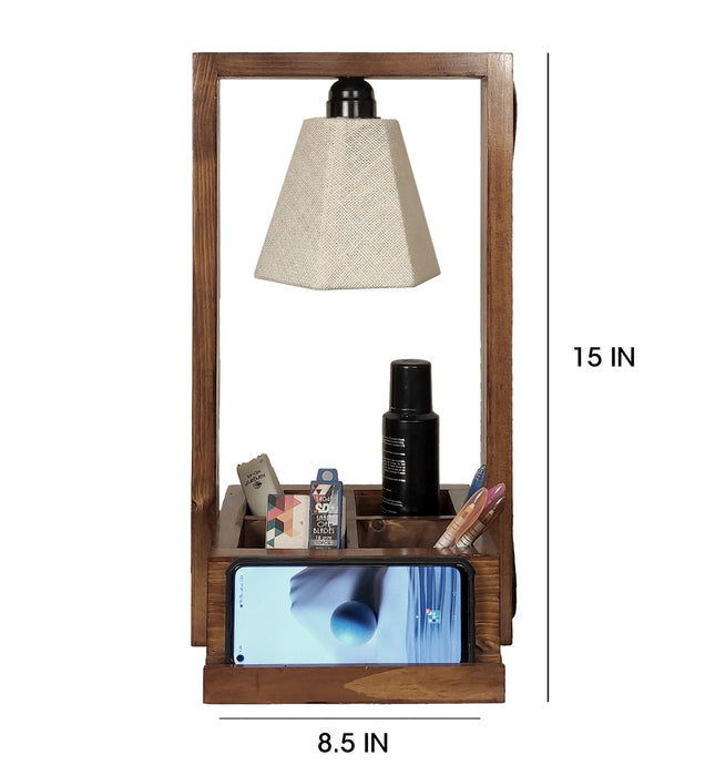 Strew Wooden Table Lamp with Brown Base and Premium White Fabric Lampshade