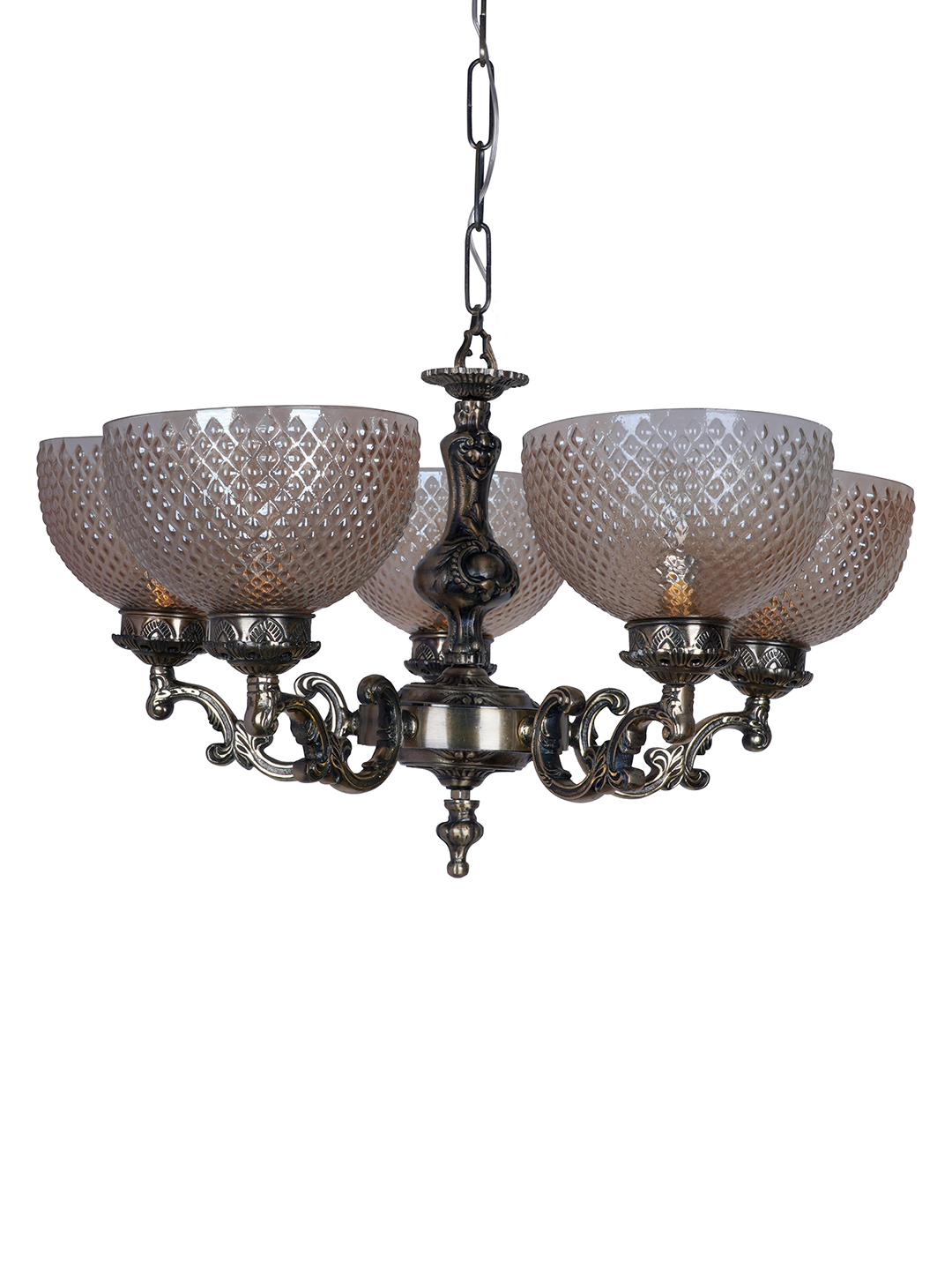Traditional Ornate Aluminium 5-Lights Chandelier With Golden Textured Bowl Glass Shade