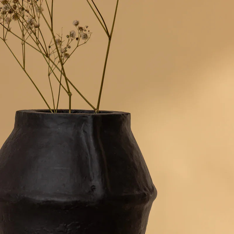 Black Paper Mache Vase | Handcrafted Decorative Flower Pot for Home & Office Decor