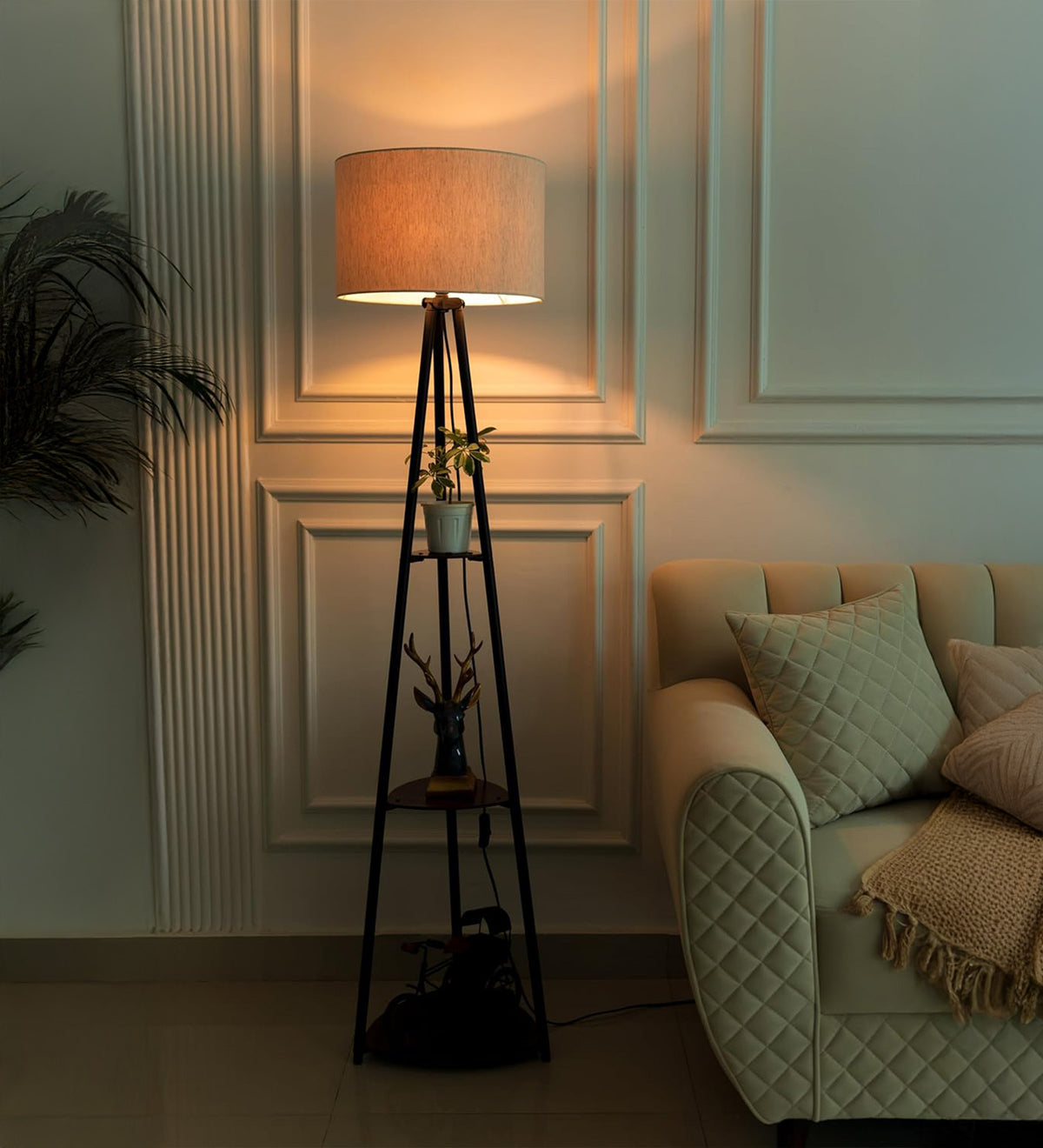 Floor Lamp for Living Room | Modern Black Standing Lamp with Storage Shelves