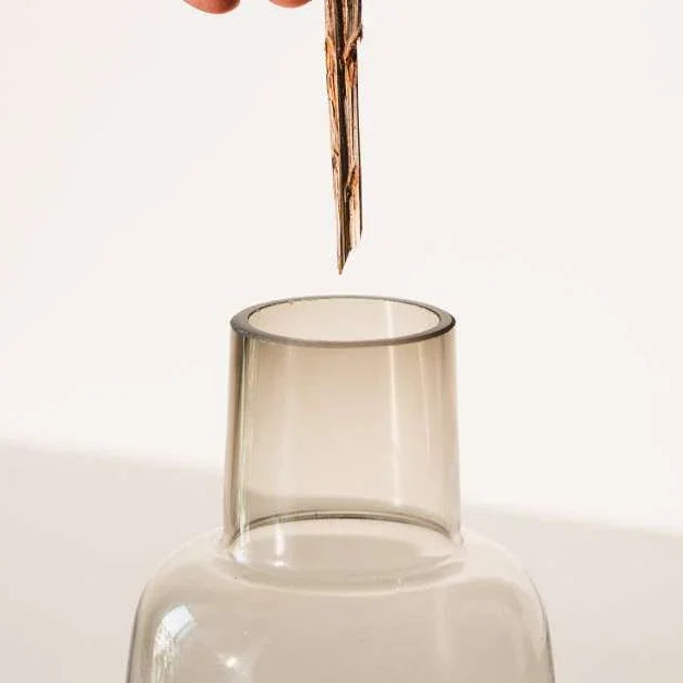 Clear glass vase with a single red flower on a light background