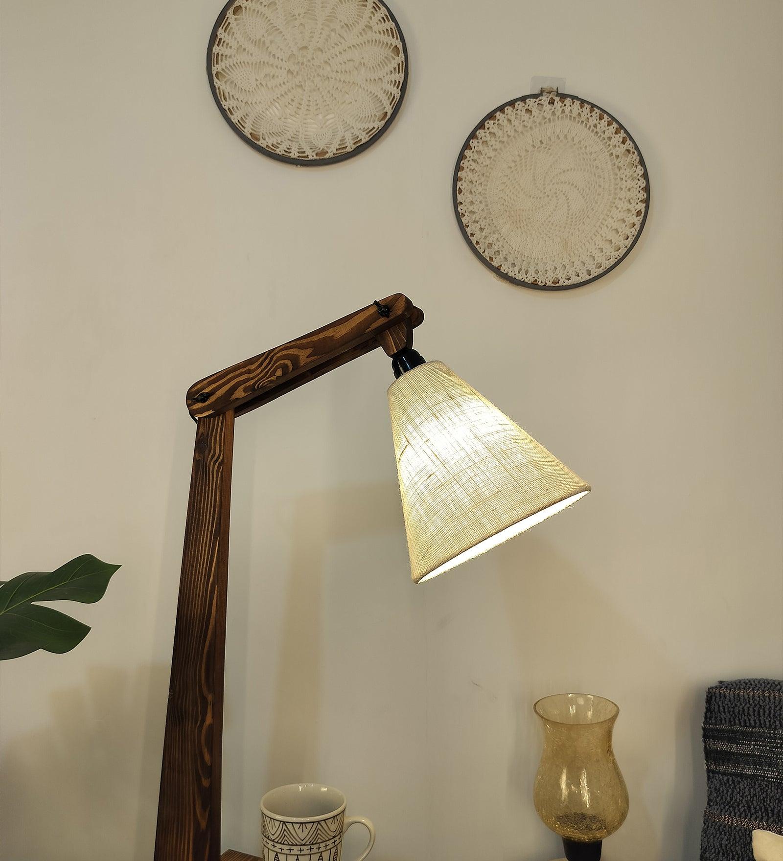 Hubert Wooden Floor Lamp with Brown Base and Jute Fabric Lampshade