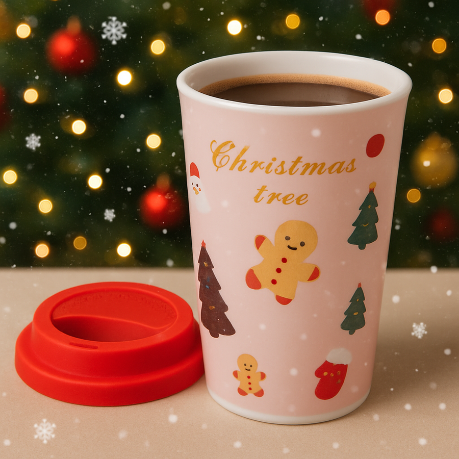 Christmas Ceramic Mug with Red Silicone Lid – 400 ml Coffee & Tea Cup-Pink