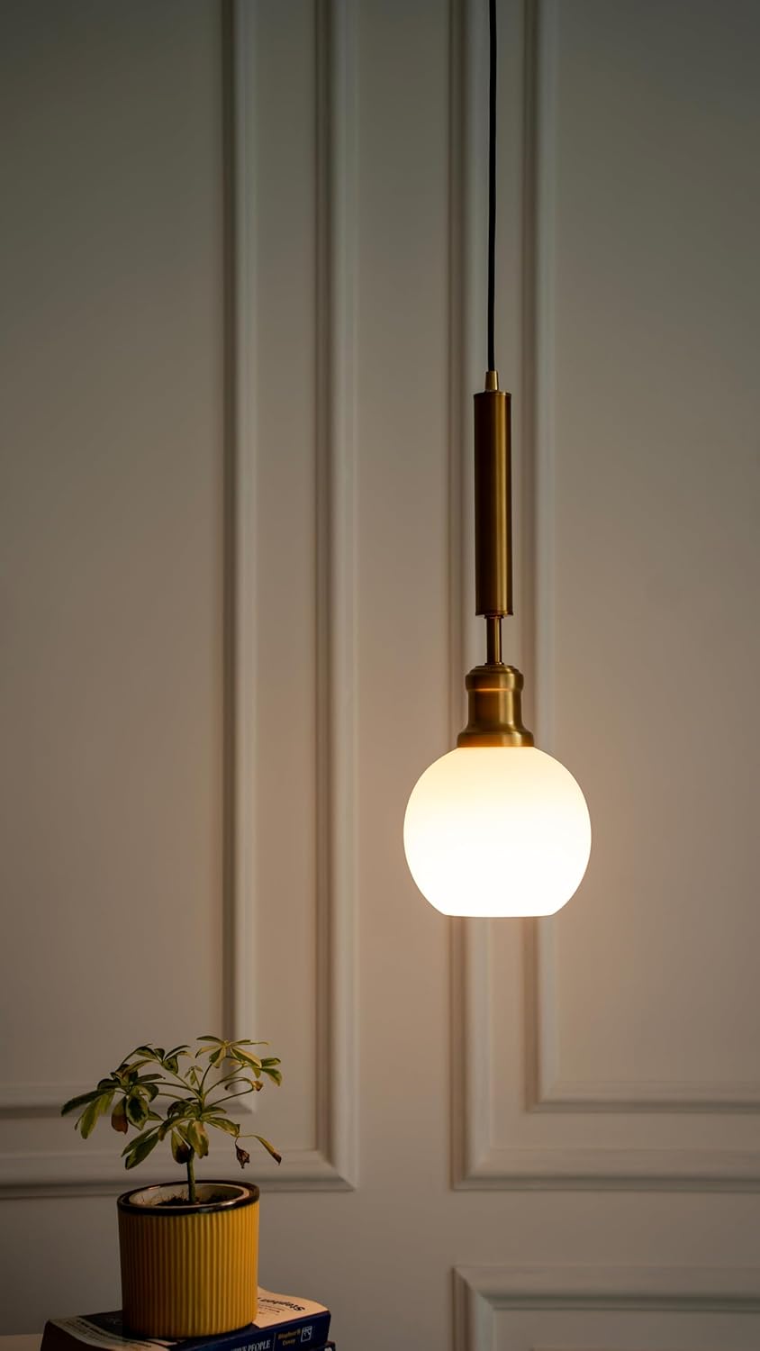 Globe Hanging Pendant Light Antique Brass Finish with Frosted Milky White Glass for Living Room, Bedroom and Home Decoration