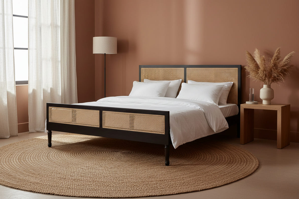 Leena Solid Wood Rattan Bed