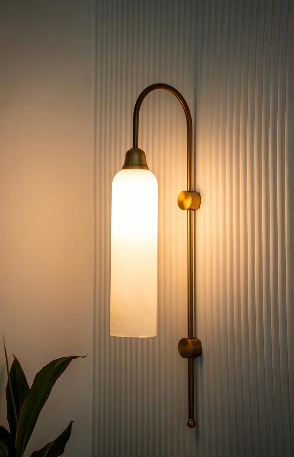 Modern Wall Lamp Antique Brass Finish with Frosted Milky White Long Glass for Bedside, Living Room, Bedroom, Home Decoration, Restaurant