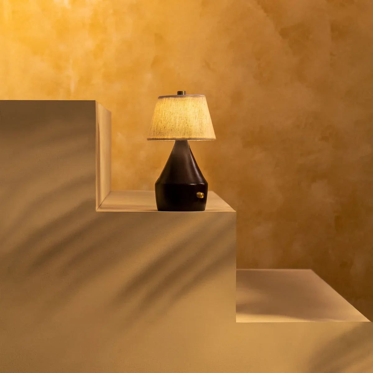 Reverie Luxurious Teak Wood Table Lamp for Living Room | Cordless Rechargeable LED Lamp with Cotton Shade