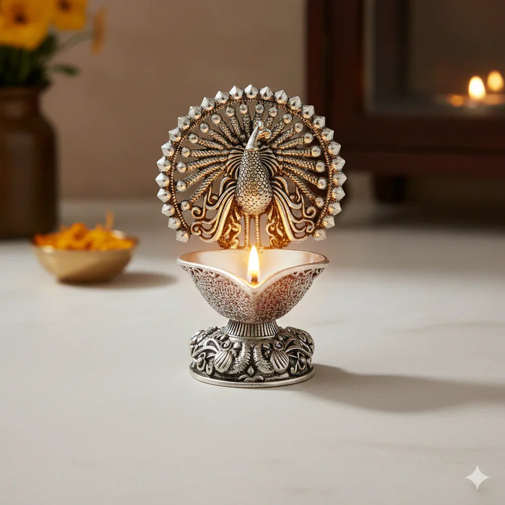Pure Silver Plated Brass Peacock Diya
