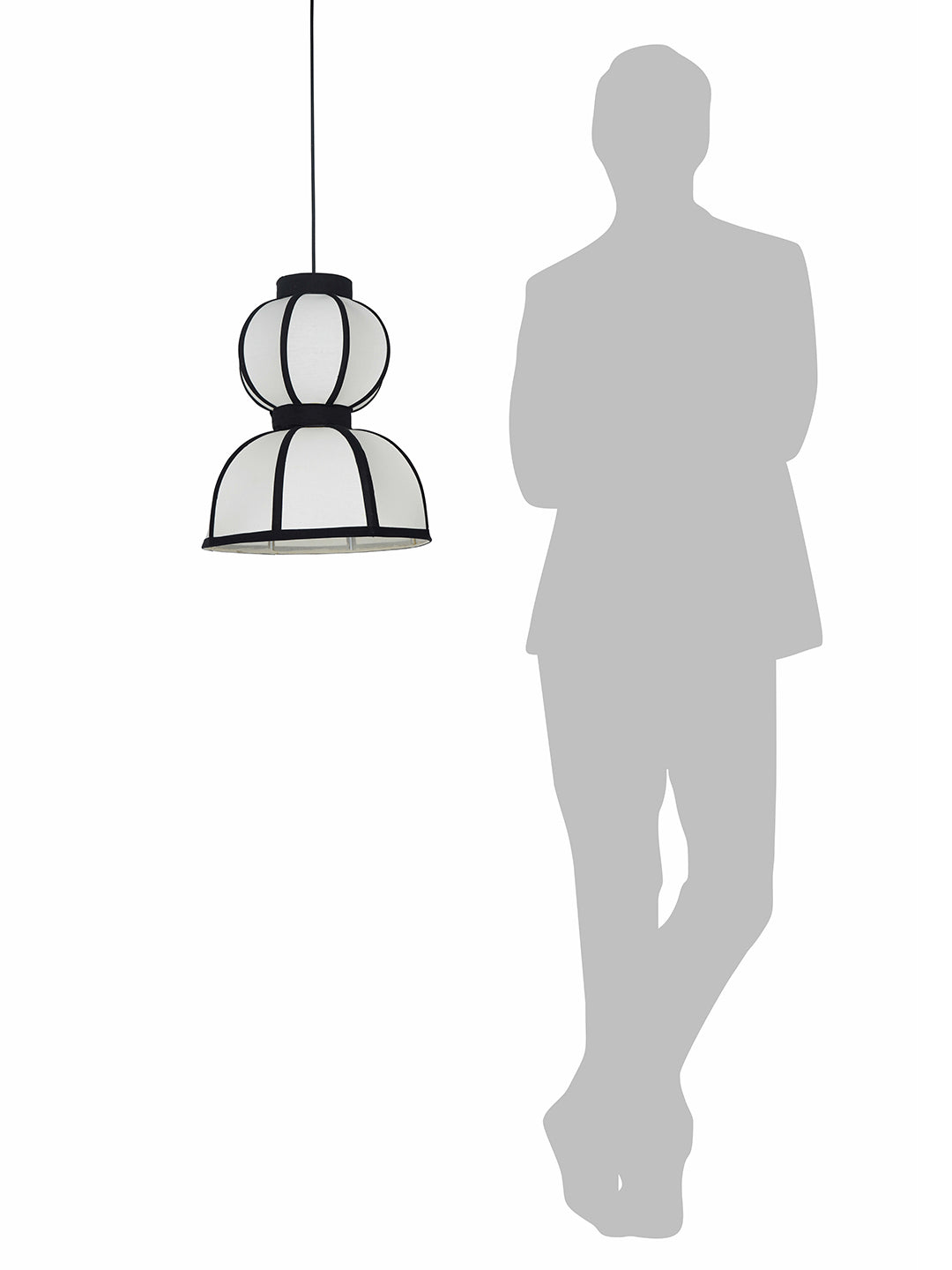 12-Inch Japandi Double Bowl Fabric
  Pendant | Zen Asian Style White Lantern with Black Structural Ribbing