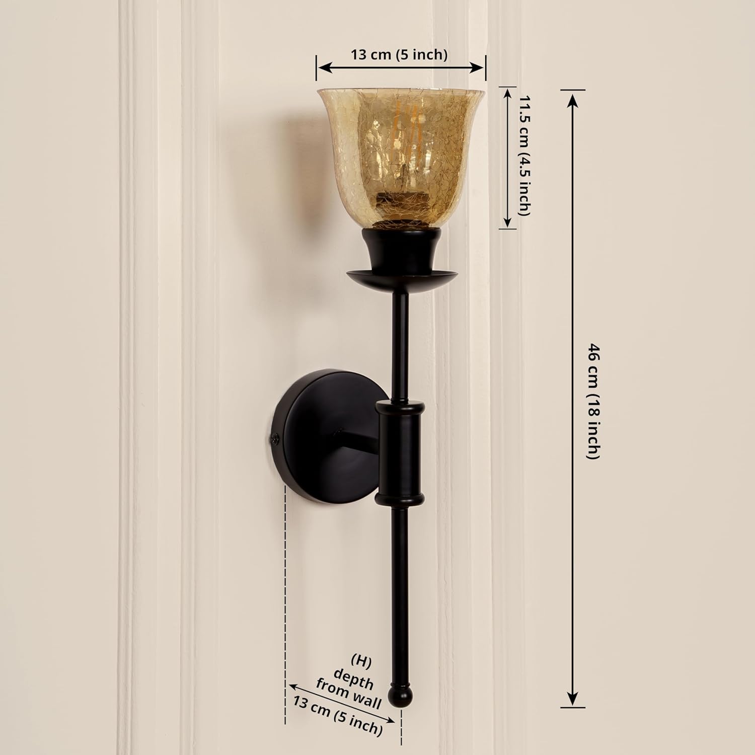 Black Polished Finish Spacer Wall Lamp with Cup Crackled Glass Golden Luster Shade
