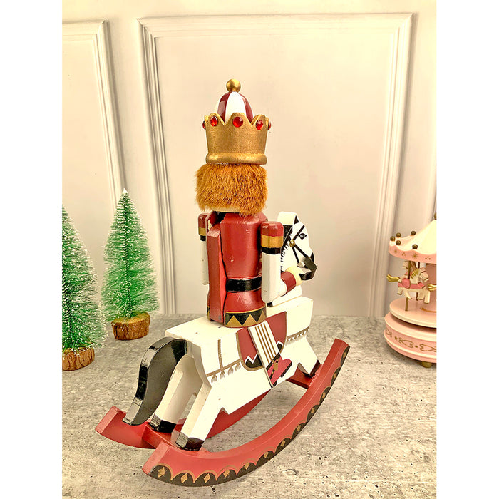 12 Inches Wooden Maroon Rocking Horse Nutcracker Self Standing Christmas Table Decor