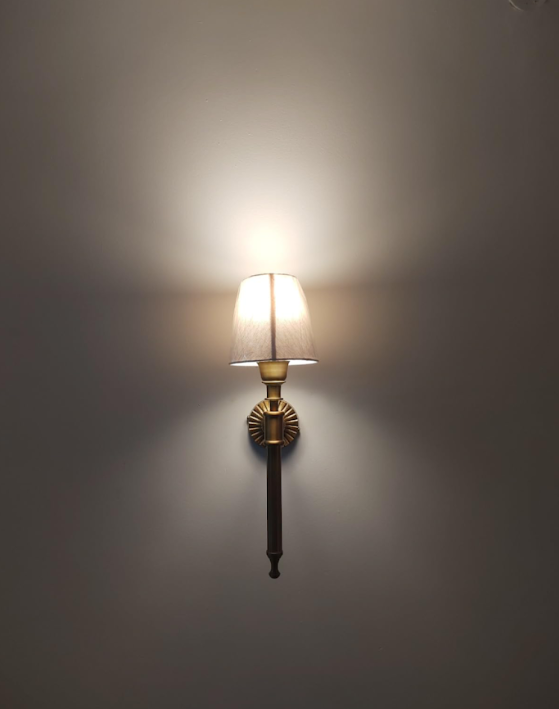 Brass Antique Finish Corrugated Wall Lamp with Off White Shade