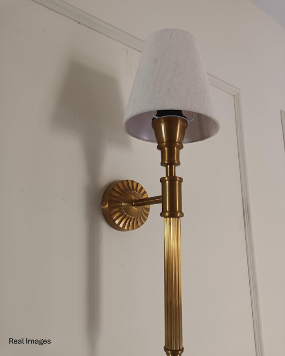 Brass Antique Finish Corrugated Wall Lamp with Off White Shade