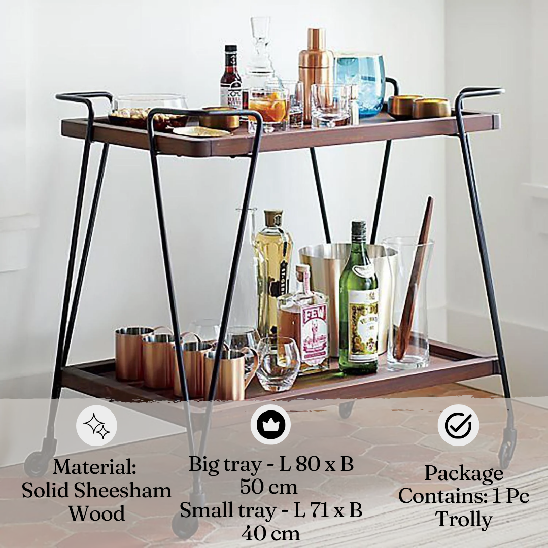 Wood & Metal Bar Serving Trolley With Wheels For Home Bar And Living Room