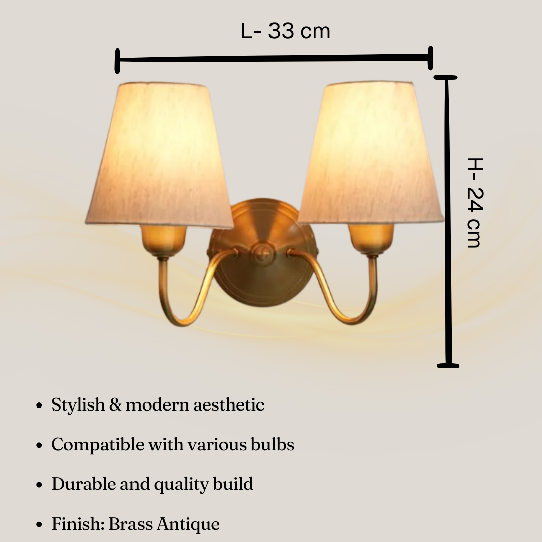 Double Curve Wall Lamp Antique Brass Finish with Off White Shade for Living Room, Bedroom and Home Decoration
