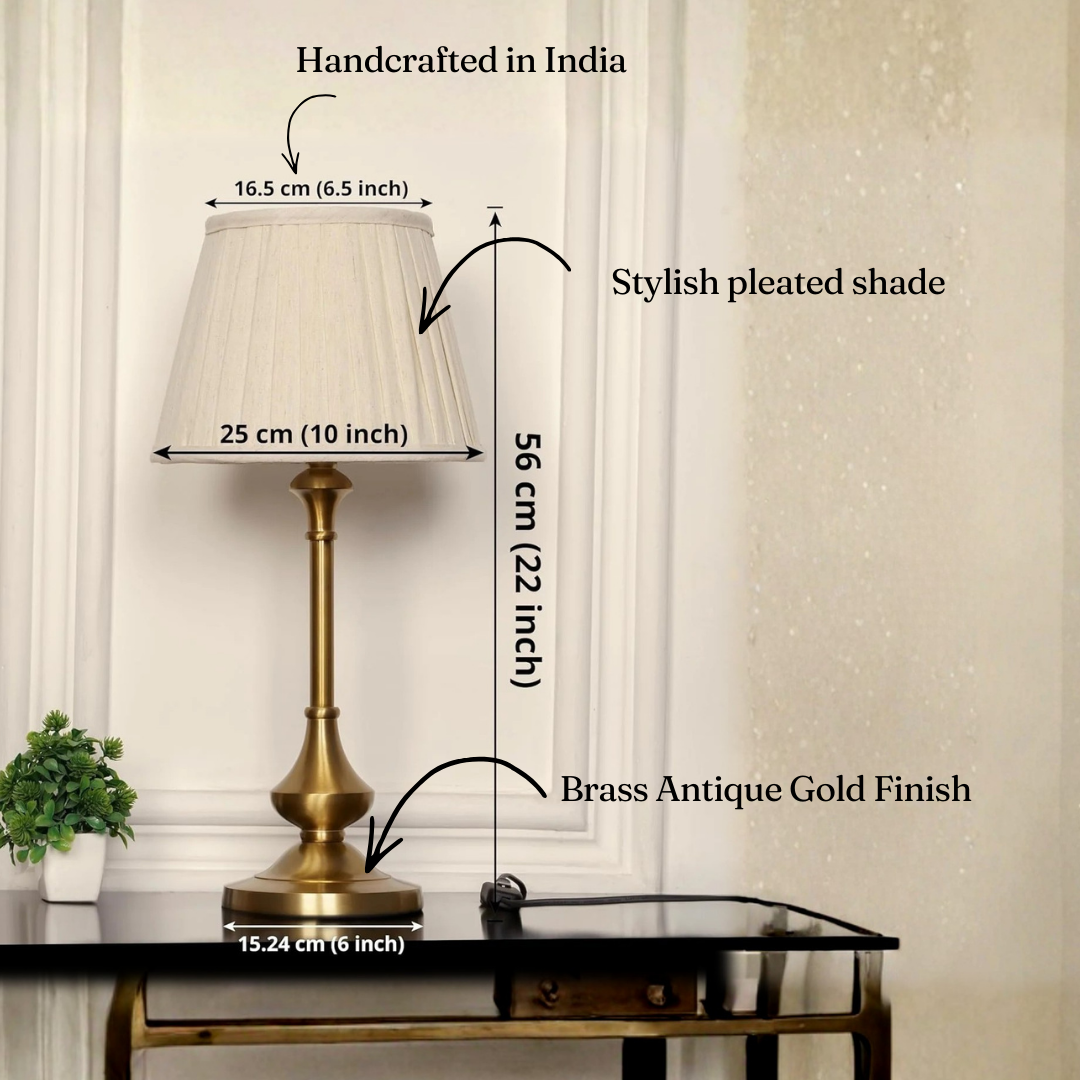 Brass Antique Gold Finish Table Lamp 22 Inches Height with Off White Pleated 10 Inches Diameter Lampshade