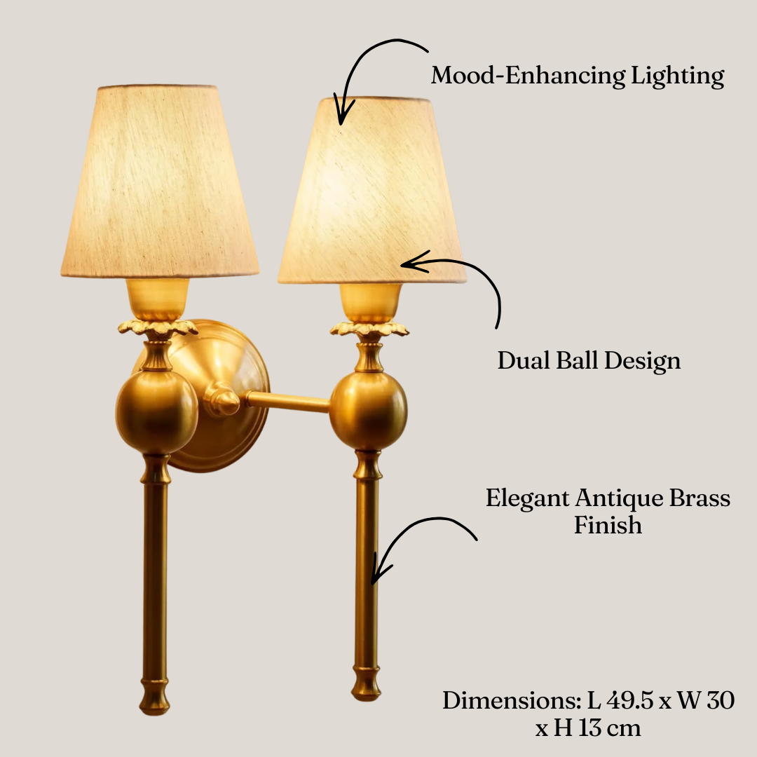 Double Ball Wall Lamp | Antique Brass Finish with Off White Shade for Living Room | Wall Sconces