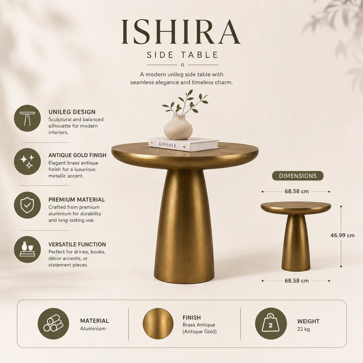 Ishira Sofa Side Table For Living Room | Antique Corner Table With Brass Finish