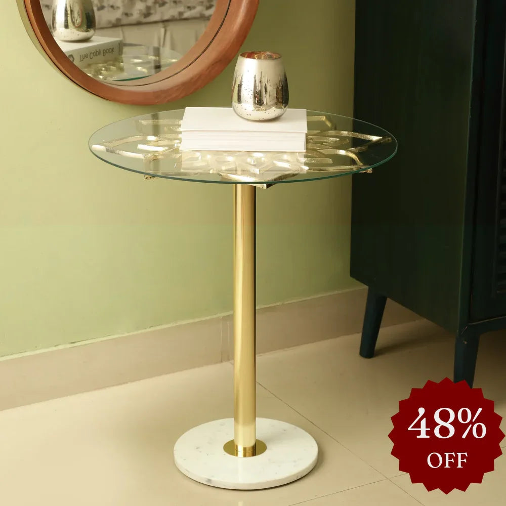 Eden Gold End Table | Luxury Glass & Metal Flower-Shaped Side Table for Living Room with Marble Base
