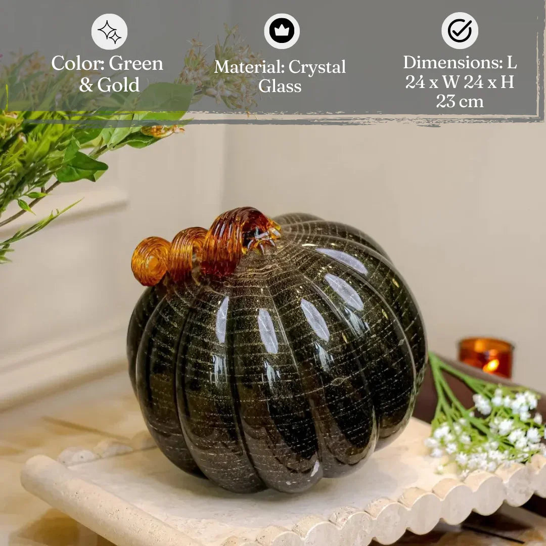 Olive Pumpkin Crystal Glass Sculpture | Luxury Green Decorative Centerpiece for Home | Decorative Showpiece