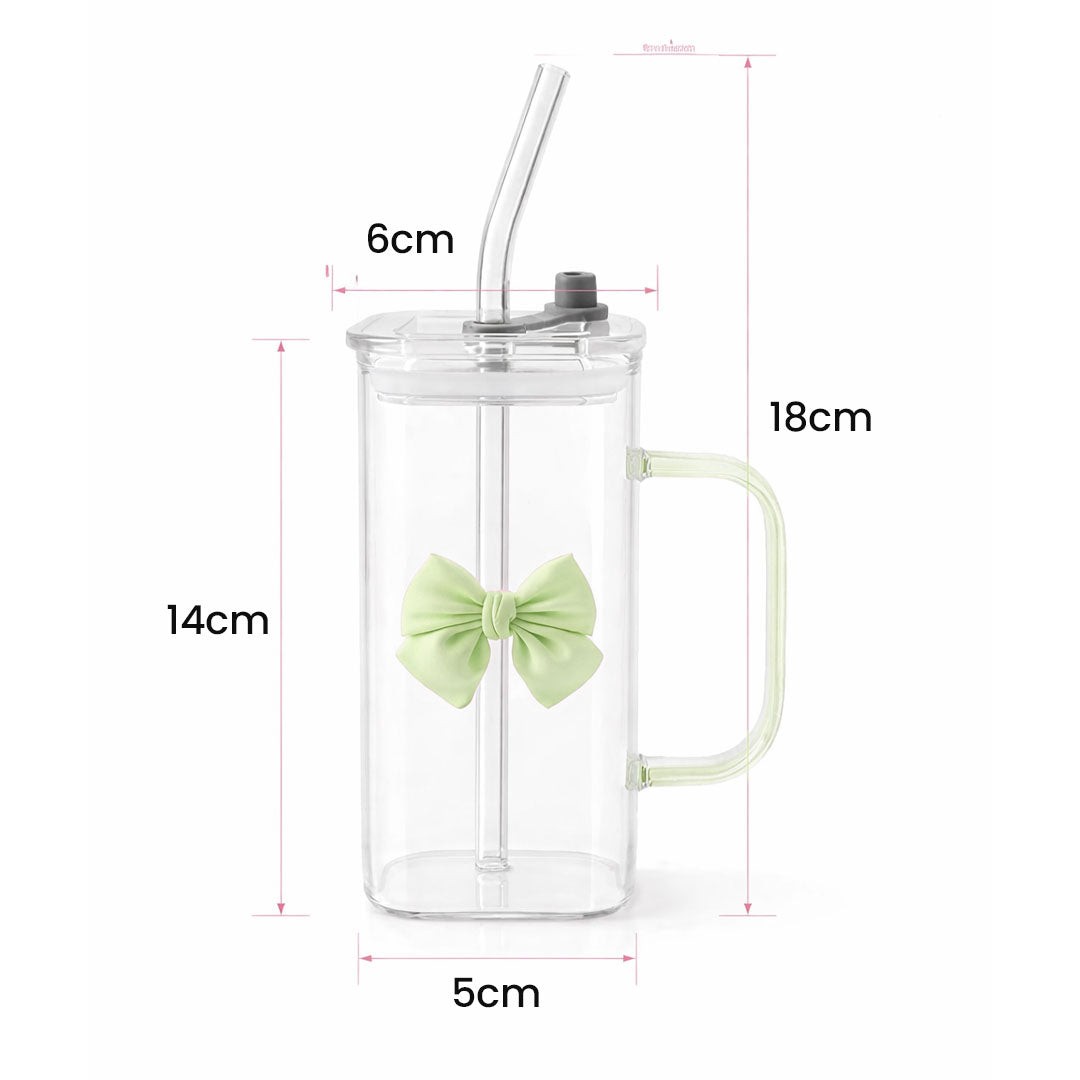 Borosilicate 400ml Glass Straw Cup with Lid & Handle | Square Transparent Coffee Mug with Cute Bow | Heat Resistant BPA Free Reusable Drinking Tumbler